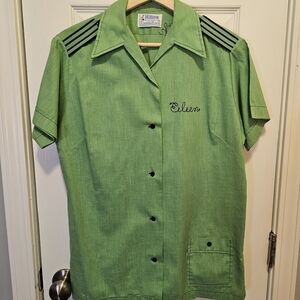 Vintage Green Embroidered Bowling Short Sleeve Button-Up Shirt